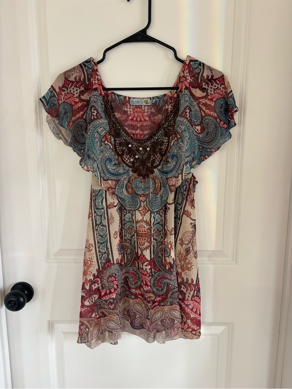 Unity World Wear Paisley Tunic with Crochet Neckline - Blue, Red, Cream, Tan